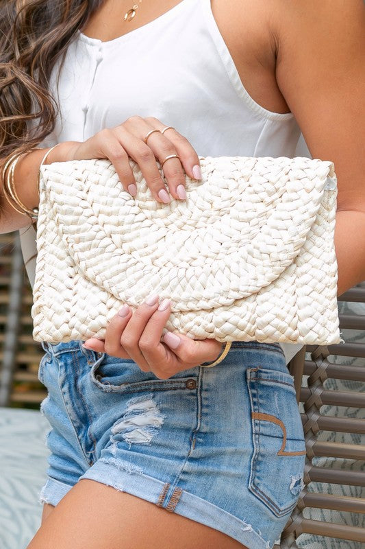 Destination Getaway Fold Over Straw Clutch