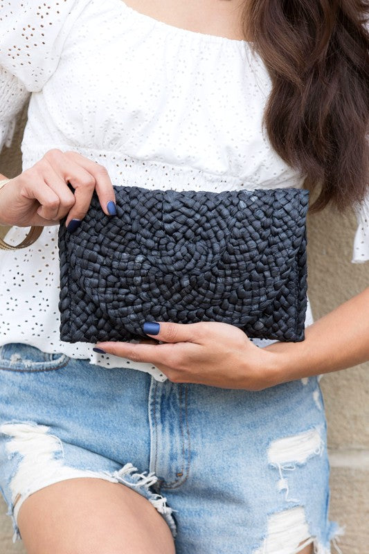 Destination Getaway Fold Over Straw Clutch