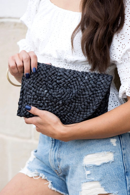 Destination Getaway Fold Over Straw Clutch