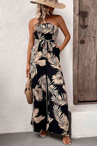 Printed Strapless Wide Leg Jumpsuit with Pockets - Victoria Royale Boutique, LLC.
