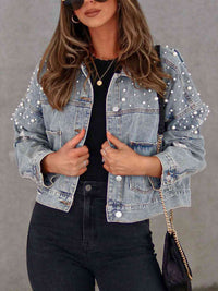 Pearls For the Girls Trim Button Up Denim Jacket with Pockets - Victoria Royale Boutique