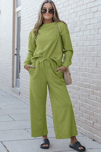 Comfort Inn Textured Long Sleeve Top and Pants Set - Set | Victoria Royale Boutique