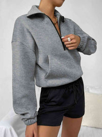 Warm Embrace Half-Zip Dropped Shoulder Sweatshirt - Victoria Royale Boutique, LLC.