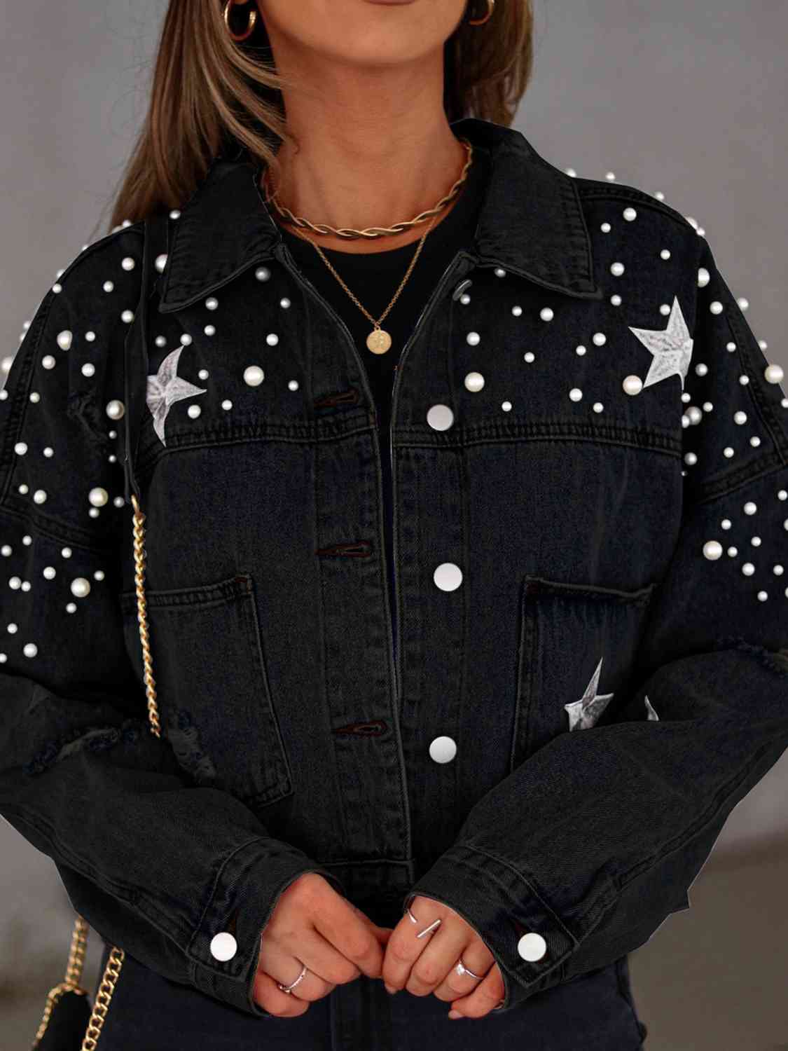 Pearls For the Girls Trim Button Up Denim Jacket with Pockets - Victoria Royale Boutique