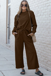 Comfort Inn Textured Long Sleeve Top and Pants Set - Set | Victoria Royale Boutique