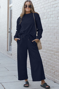 Comfort Inn Textured Long Sleeve Top and Pants Set - Set | Victoria Royale Boutique