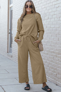 Comfort Inn Textured Long Sleeve Top and Pants Set - Set | Victoria Royale Boutique