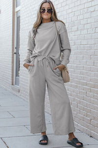 Comfort Inn Textured Long Sleeve Top and Pants Set - Set | Victoria Royale Boutique